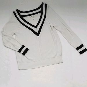 Varsity white knit sweater with black stripes